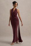 Rosina Burgundy Halter-Neck Draped Maxi Dress With Sash