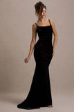 Adele Black Velvet Ruched Strappy Fishtail Maxi Dress
