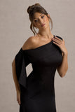Nicola Black Satin Asymmetric Bardot Draped Maxi Dress