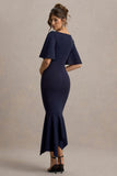 Ashling Navy Flutter-Sleeve Hanky-Hem Midi Dress