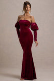 Neoma Berry Velvet Bardot Puff-Sleeve Maxi Dress