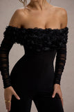 Celebrate Black Bardot Long-Sleeved Flared-Leg Jumpsuit With Flowers