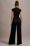 Tanner Black Cap-Sleeve Plisse Wide-Leg Jumpsuit