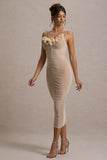 Jesi Cream Mesh Ruched Midi Dress With Ruffles