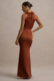 Bianca Rust Satin Feather-Trim Maxi Dress