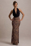 Krystal Animal Print Deep Plunge-Neck Maxi Dress