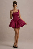 Bramble Port Satin Square-Neck Puffball Mini Dress