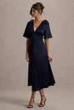Danna Navy Satin V-Neck Short-Sleeve Midi Dress