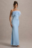 Dress For It Powder Blue Satin Feather Trim Bandeau Maxi Dress