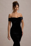 Apolline Black Velvet Off The Shoulder Ruched Fishtail Maxi Dress