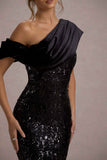 Volute Black Sequin One-Shoulder Draped Midi Dress