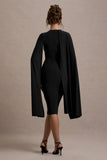 Marysol Black Asymmetric Cape Midi Dress