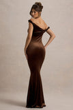 Neeka Brown Velvet Twisted Asymmetric Maxi Dress