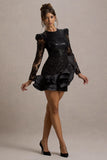 Myka Black Sequin Long-Sleeve Ruffle Hem Mini Dress