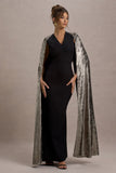 Ilenia Black V-Neck Maxi Dress With Metallic Cape