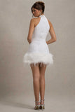 Lumi White Sequin High-Neck Feather Trim Mini Dress
