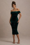 Gratitude Bottle Green Velvet Off The Shoulder Ruched Midi Dress
