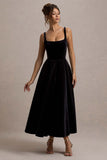 Francisca Black Velvet Strappy Volume-Hem Midi Dress