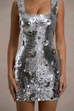 Jasmyn Silver Sequin Square-Neck Mini Dress