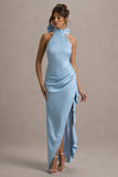 Maureen Powder Blue Satin High-Neck Draped Maxi Dress