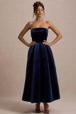 Addina Navy Velvet Bandeau Skater Midi Dress