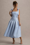 Alberta Powder Blue Satin Midi Dress With Bow Straps