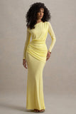 Deanna Lemon Asymmetric Long-Sleeve Ruched Maxi Dress