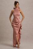 Maureen Pink Satin High-Neck Draped Maxi Dress