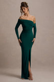 Stand Out Bottle Green Bardot Long Sleeve Ruched Maxi With Side Split