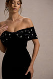 West End Black Velvet Embellished Bardot Maxi Dress