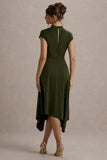 Velma Olive Satin Midi Dress With Draped Hem