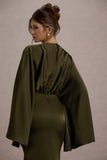 Zuzanna Khaki Draped Maxi Dress With Cape Sleeves