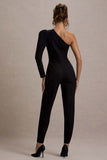 San Jose Black One-Shoulder Puff-Sleeve Jumpsuit