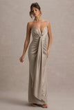 Mackenzie Champagne Satin Plunge-Neck Draped Maxi Dress