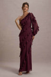 Lalika Burgundy Asymmetric One-Sleeve Ruffle Maxi Dress