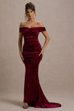 Apolline Berry Velvet Off The Shoulder Ruched Fishtail Maxi Dress