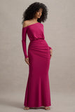 Deanna Hot Pink Asymmetric Long-Sleeve Ruched Maxi Dress
