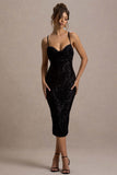 Whitney Black Velvet Floral Strappy Sweetheart Midi Dress