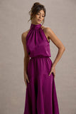 Palonia Pink Satin High-Neck Split Midi Dress