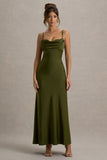 Eimear Olive Green Satin Draped Sweetheart Maxi Dress