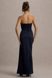 Edel Navy Satin Strapless Maxi Dress With Drape