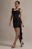 Lesina Black Satin Ruched Corset Mini Dress With Drape