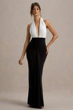 Payton Black & White Ruched Halter-Neck Maxi Dress