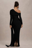 Valina Black Ruched Asymmetric Maxi Dress With Drape