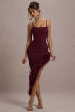 High Status Burgundy Strappy Corset Asymmetric Maxi Dress With Feather Trim