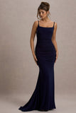 Adele Navy Backless Ruched Fishtail Cami Maxi Dress