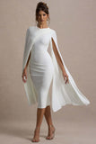 Marysol White Asymmetric Cape Midi Dress