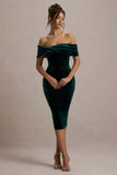 Snowflake Bottle Green Velvet Bardot Bow Detail Midi Dress