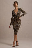 Vernazza Brown Animal Print Deep Plunge Midi Dress