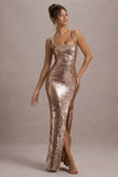 High Life Rose Gold Sequin Square Neck Split Front Maxi Dress